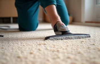 Technician cleaning a plush beige carpet