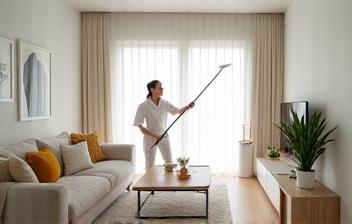 Cleaner dusting a bright modern living room